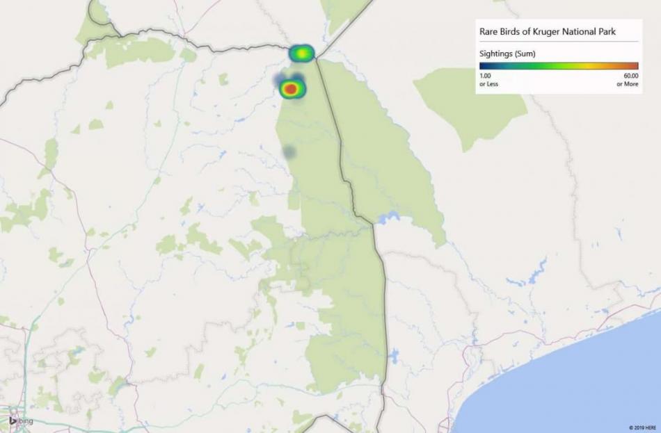 Heatmap of Arnot's chat sightings in Kruger National Park