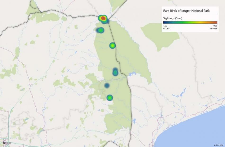 Heatmap of African Golden Oriole sightings in Kruger National Park