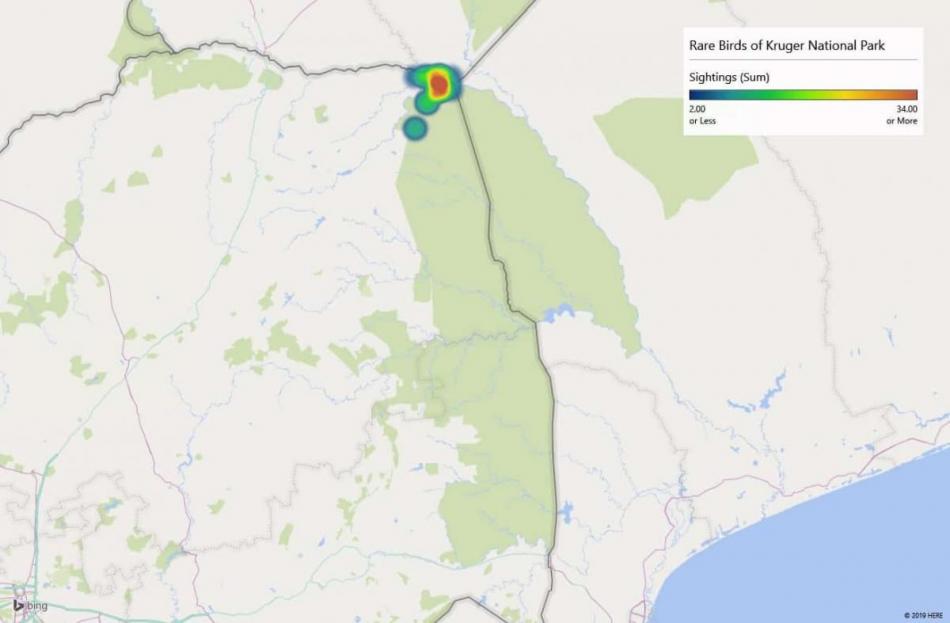 Heatmap of Mottled Spinetail sightings in Kruger National Park
