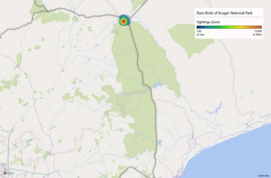 Heatmap of Böhm's spinetail sightings in Kruger National Park