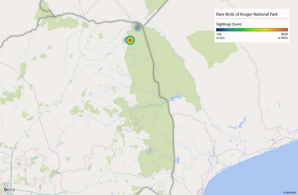 Heatmap of Orange-winged Pytilia sightings in Kruger National Park