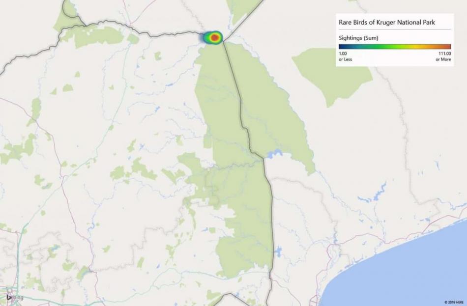 Heatmap of Racket-tailed Roller sightings in Kruger National Park