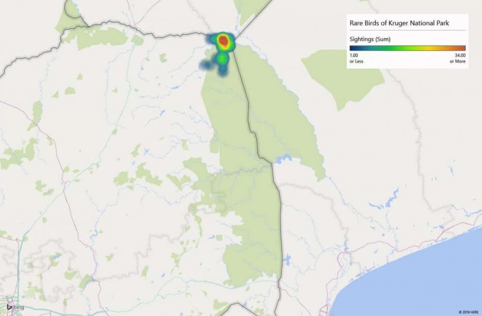 Heatmap of Senegal Coucal sightings in Kruger National Park