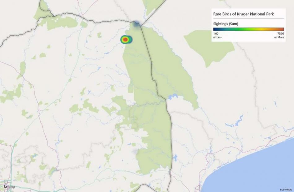 Heatmap of Pennant-winged nightjar sightings in Kruger National Park